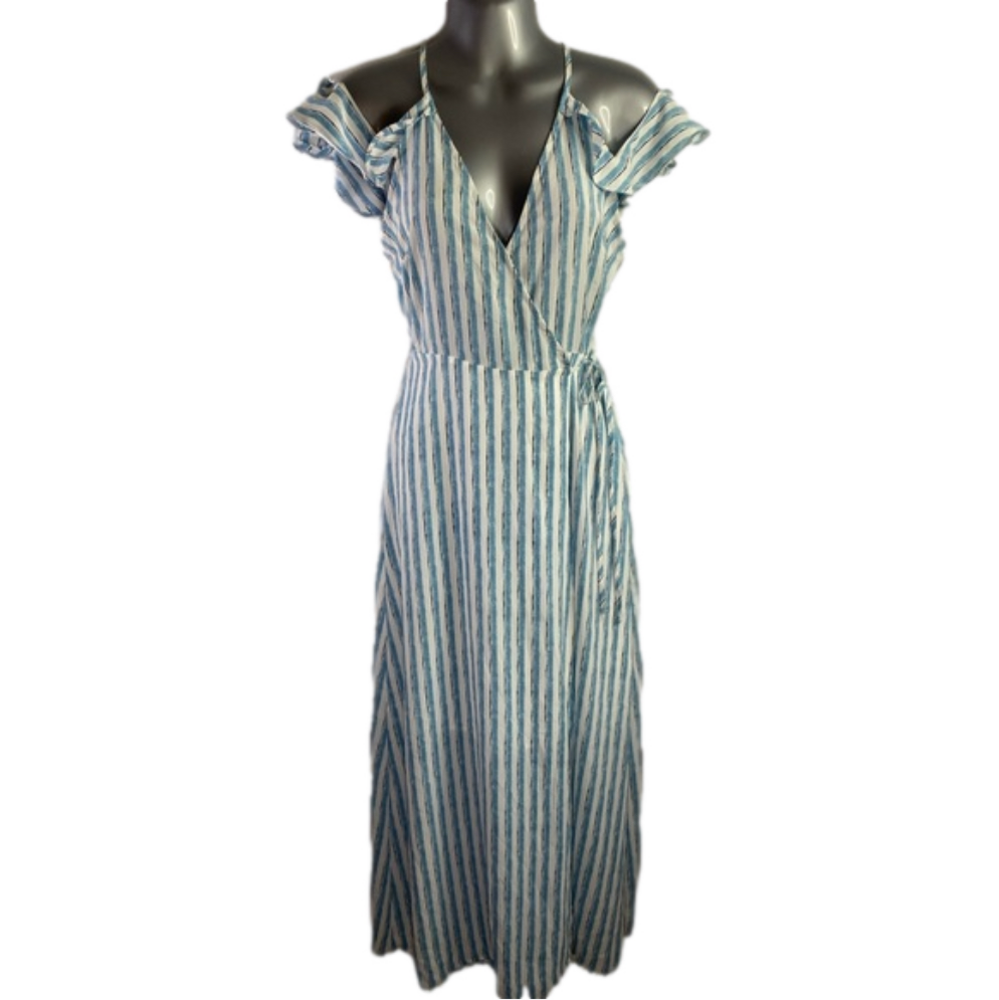 Lush Blue & White Stripes Flowy Cold Shoulder Wrap Maxi Dress SKU0653